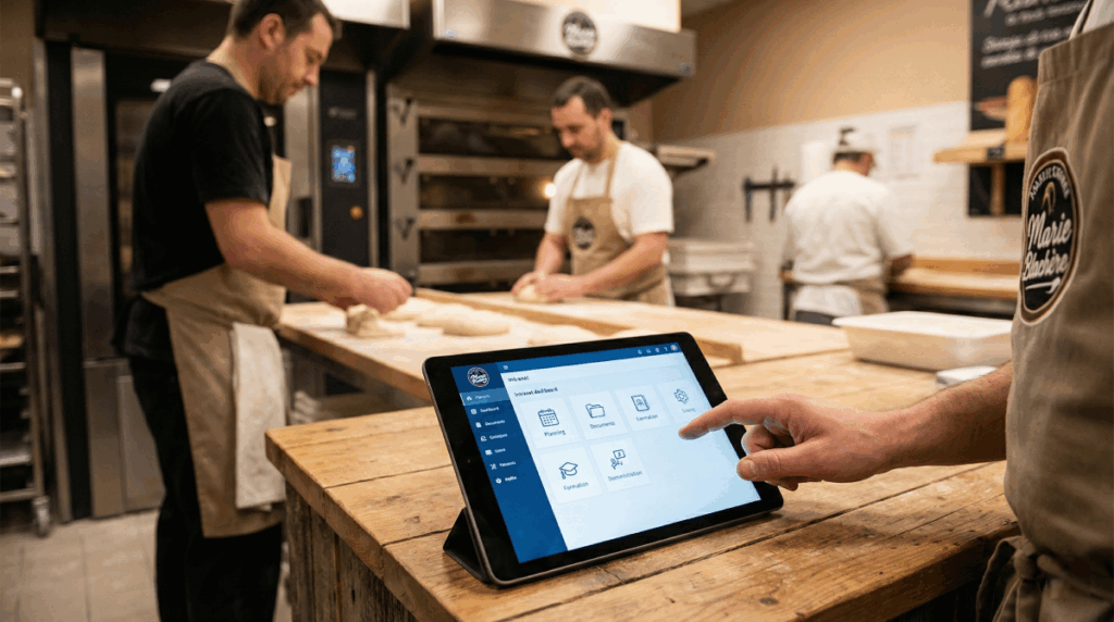 Interface de l'Intranet Marie Blachère sur une tablette utilisée dans une boulangerie artisanale.