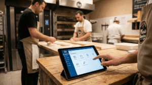 Interface de l'Intranet Marie Blachère sur une tablette utilisée dans une boulangerie artisanale.